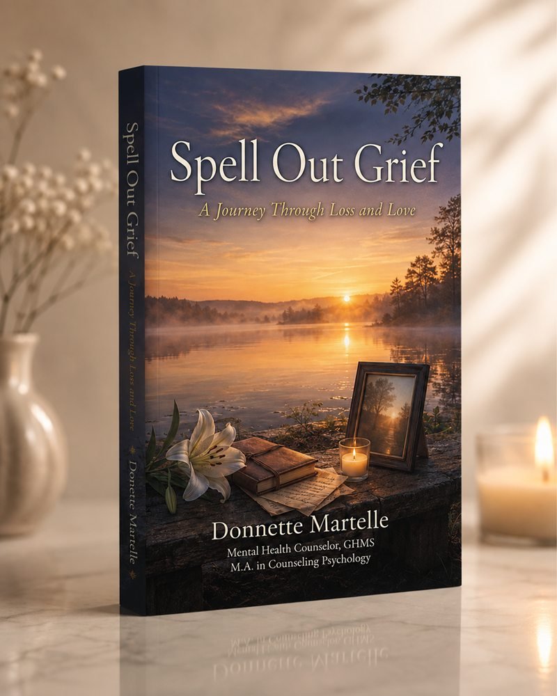 Spell Out Grief displayed beside flowers and candlelight