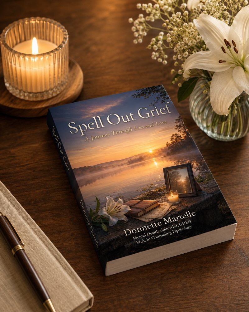 Spell Out Grief book arranged with a candle and lilies